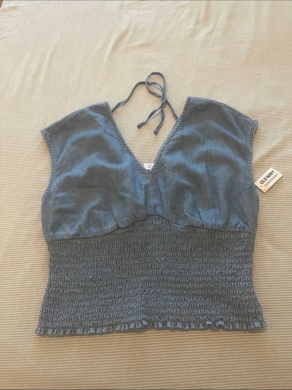 Old Navy Denim-Blue Smocked Tie-Back V-Neck Crop Top